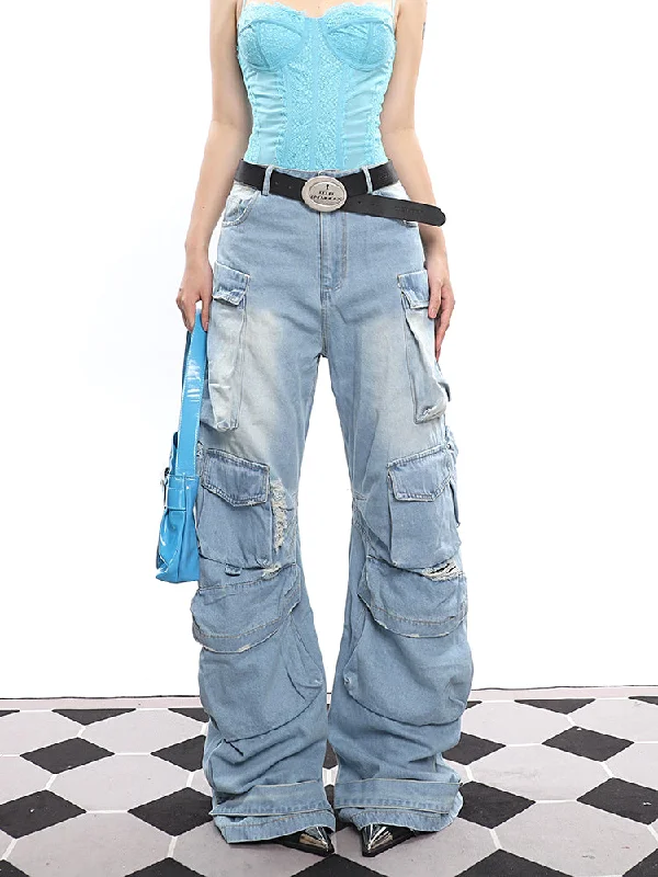 Vicki Denim Washed Gradient Blue Multipocketed Pleated Jeans Pants Comfortable Zip-Up Skinny Jeans Vicki Denim Washed Gradient Blue Multipocketed Pleated Jeans Pants Comfortable Zip-Up Skinny Jeans