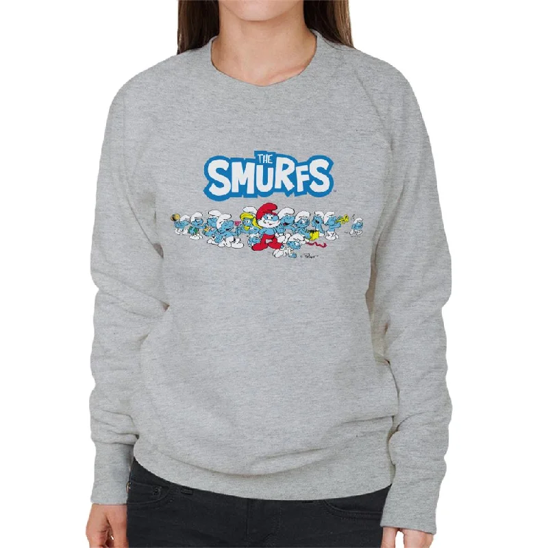 The Smurfs All Together Women's Sweatshirt Hoodie with Hem Raw Edge Edgy Unfinished