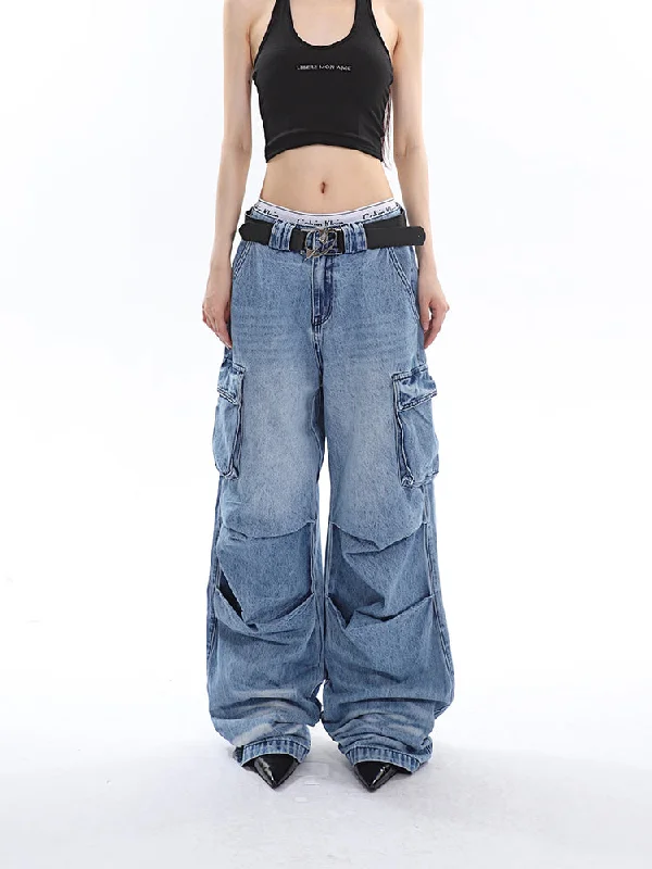 Ferio Denim Blue Low Rise Straight Leg Pleated Stacked Multi-Pocket Cargo Jeans Pants Classic Slim Fit Jeans