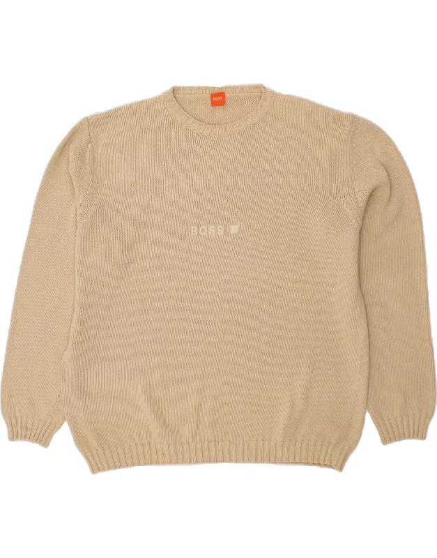 HUGO BOSS Mens Crew Neck Jumper Sweater 2XL Beige Cotton Soft Cozy Warm