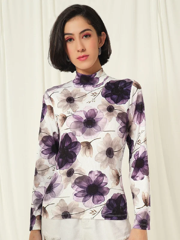 TANDUL  Women Floral Print High Neck White Sweater Casual Formal Business