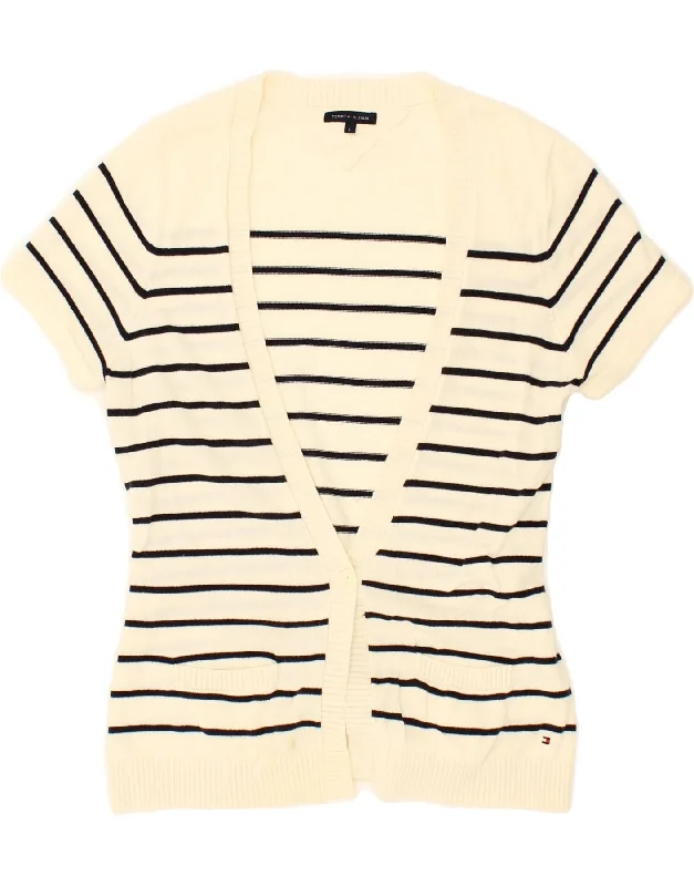 TOMMY HILFIGER Womens Cardigan Sweater UK 14 Large Off White Striped Bright Pastel Dark TOMMY HILFIGER Womens Cardigan Sweater UK 14 Large Off White Striped Bright Pastel Dark