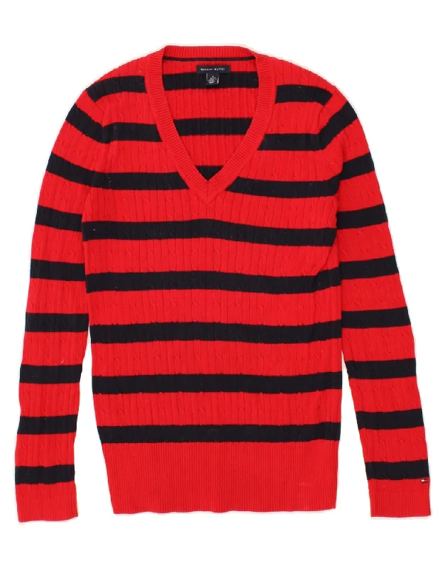 TOMMY HILFIGER Womens V-Neck Jumper Sweater UK 12 Medium Red Striped Layered Multi-layer Single Layer TOMMY HILFIGER Womens V-Neck Jumper Sweater UK 12 Medium Red Striped Layered Multi-layer Single Layer