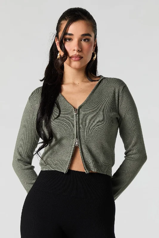 Ribbed Knit Zip-Up Sweater Tailored Straight A-Line