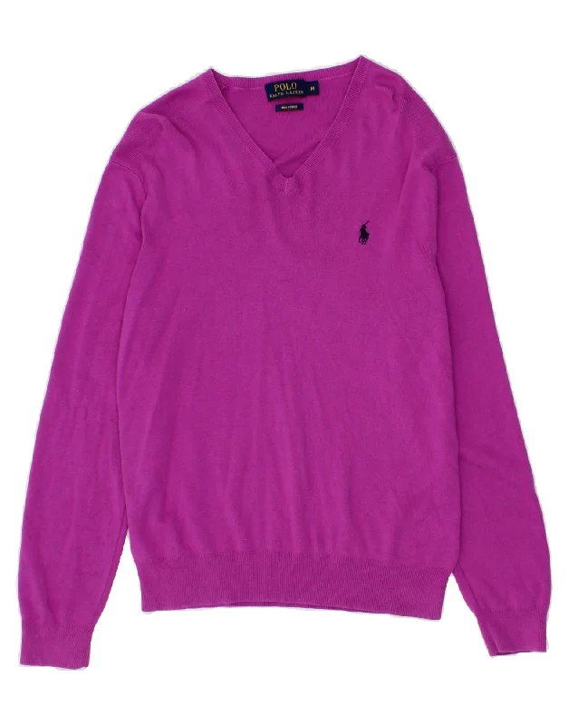 POLO RALPH LAUREN Womens V-Neck Jumper Sweater UK 12 Medium Purple Cotton Nylon Fabric Polyester Fabric Spandex Fabric POLO RALPH LAUREN Womens V-Neck Jumper Sweater UK 12 Medium Purple Cotton Nylon Fabric Polyester Fabric Spandex Fabric