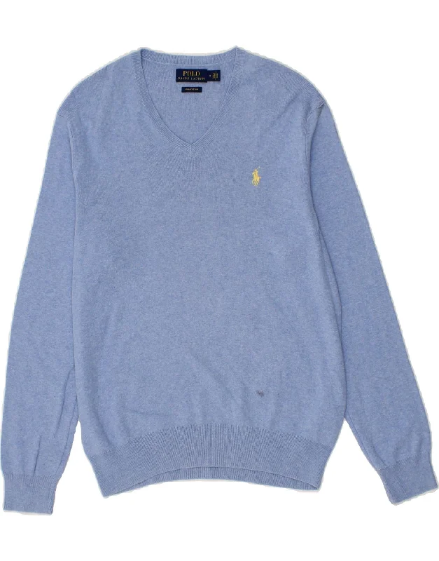 POLO RALPH LAUREN Mens V-Neck Jumper Sweater Medium Blue Cotton Front Pockets Side Pockets Patch Pockets POLO RALPH LAUREN Mens V-Neck Jumper Sweater Medium Blue Cotton Front Pockets Side Pockets Patch Pockets