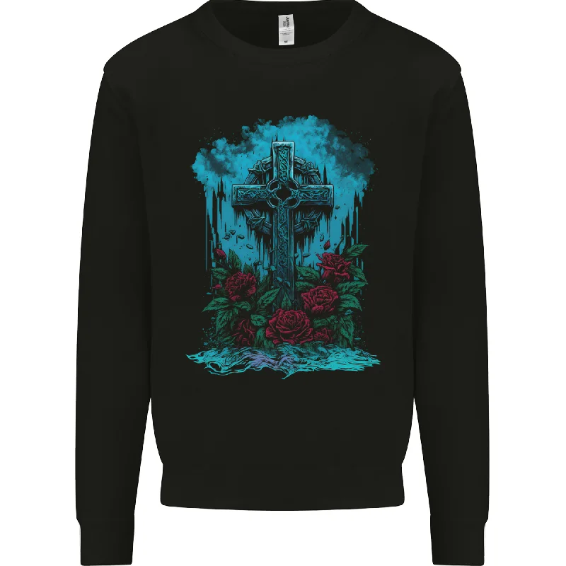 A Gothic Celtic Cross and Roses Mens Sweatshirt Jumper Zip Hoodie Drawstring Kangaroo Pocket A Gothic Celtic Cross and Roses Mens Sweatshirt Jumper Zip Hoodie Drawstring Kangaroo Pocket