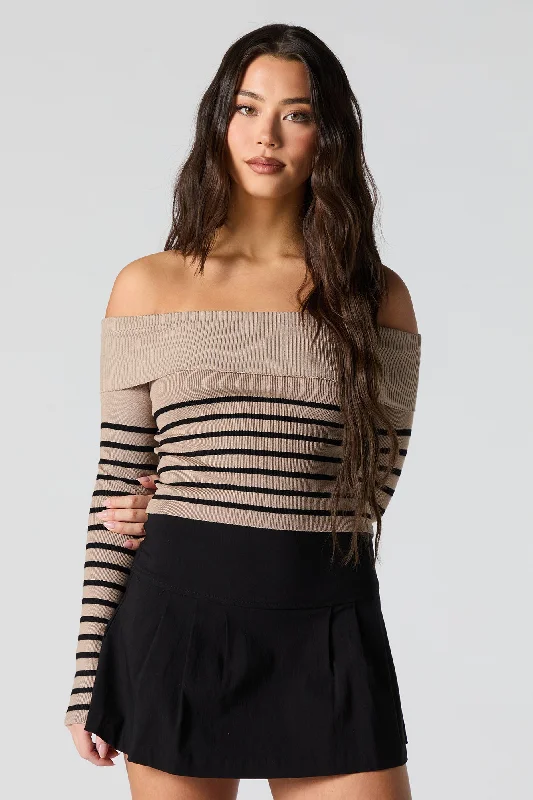 Striped Ribbed Knit Off Shoulder Sweater Spandex Blend Rayon Blend Denim Blend