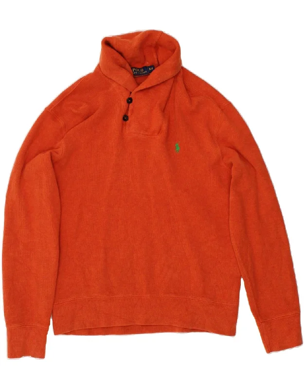POLO RALPH LAUREN Mens Shawl Neck Jumper Sweater Small Orange Cotton Zippered Buttoned Snapped