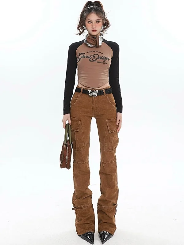 Tiara Patchwork Denim High Wasit Slim Multi Zipper Cargo Jeans Pants Fashionable Straight Cut Jeans Tiara Patchwork Denim High Wasit Slim Multi Zipper Cargo Jeans Pants Fashionable Straight Cut Jeans