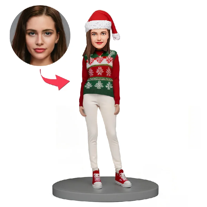 Christmas Gift for Her Custom Bobble Head Stylish Woman Wearing Christmas Sweater High Neck Crew Neck V-Neck