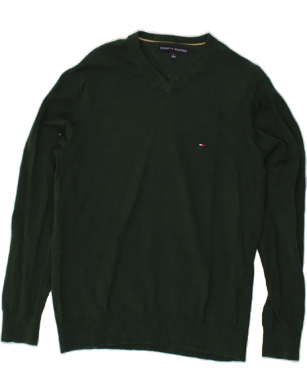TOMMY HILFIGER Mens V-Neck Jumper Sweater Medium Green Cotton Solid Color Striped Floral Print TOMMY HILFIGER Mens V-Neck Jumper Sweater Medium Green Cotton Solid Color Striped Floral Print