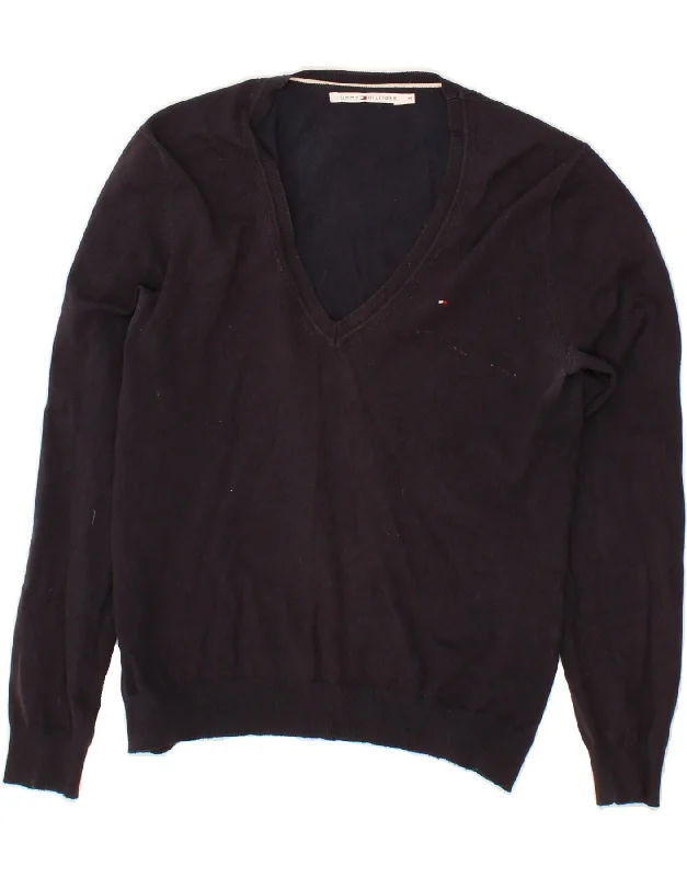 TOMMY HILFIGER Womens V-Neck Jumper Sweater UK 12 Medium Navy Blue Cotton Elasticated Padded Insulated TOMMY HILFIGER Womens V-Neck Jumper Sweater UK 12 Medium Navy Blue Cotton Elasticated Padded Insulated