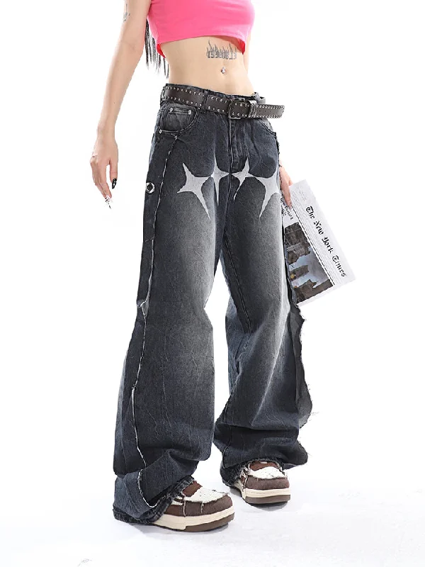 Twinkle Stars Graphic Image Print Washed Denim Low Waist Straight Leg Baggy Jeans Pants Fashionable Jeggings Style Jeans Twinkle Stars Graphic Image Print Washed Denim Low Waist Straight Leg Baggy Jeans Pants Fashionable Jeggings Style Jeans