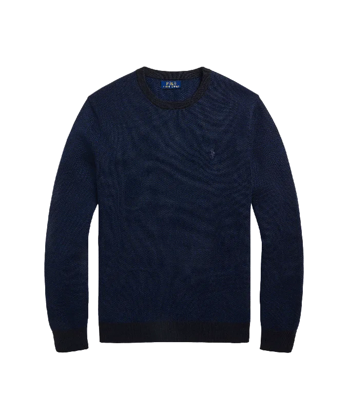 Herringbone-knit Washable Wool Sweater - Navy Real Fur Shearling Chenille