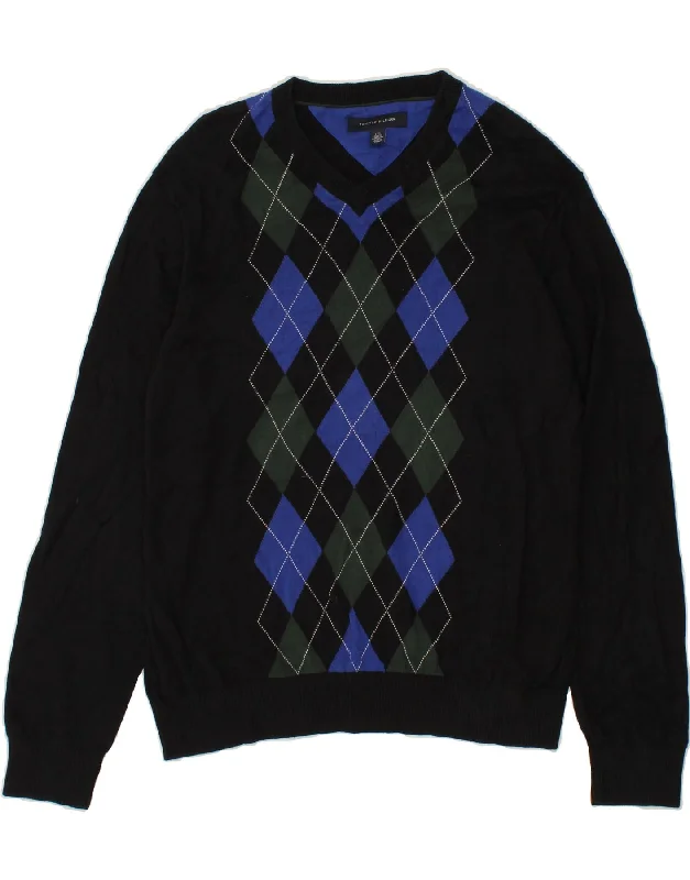 TOMMY HILFIGER Mens V-Neck Jumper Sweater Large Black Argyle/Diamond Silk Blend Satin Velvet TOMMY HILFIGER Mens V-Neck Jumper Sweater Large Black Argyle/Diamond Silk Blend Satin Velvet