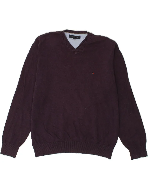 TOMMY HILFIGER Mens V-Neck Jumper Sweater Large Purple Cotton Nylon Fabric Polyester Fabric Spandex Fabric TOMMY HILFIGER Mens V-Neck Jumper Sweater Large Purple Cotton Nylon Fabric Polyester Fabric Spandex Fabric