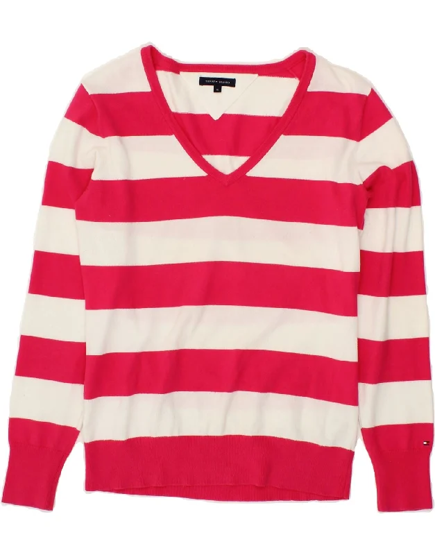 TOMMY HILFIGER Womens V-Neck Jumper Sweater UK 12 Medium Pink Striped Spandex Rayon Corduroy
