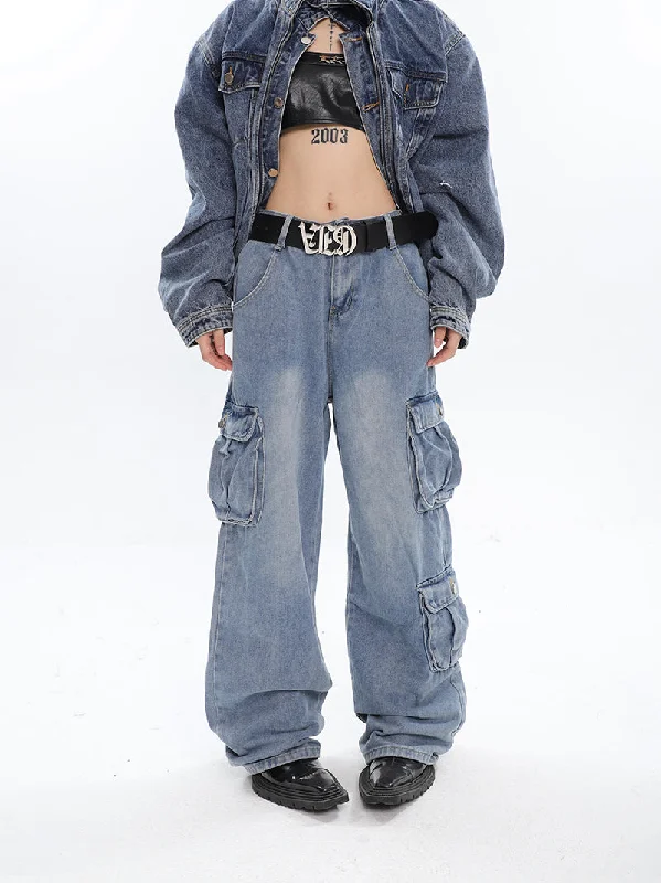 Elise Denim Blue Multi Pocket Straight Leg Baggy Cargo Loose Jeans Pants Trendy Skinny High-Waist Jeans Elise Denim Blue Multi Pocket Straight Leg Baggy Cargo Loose Jeans Pants Trendy Skinny High-Waist Jeans