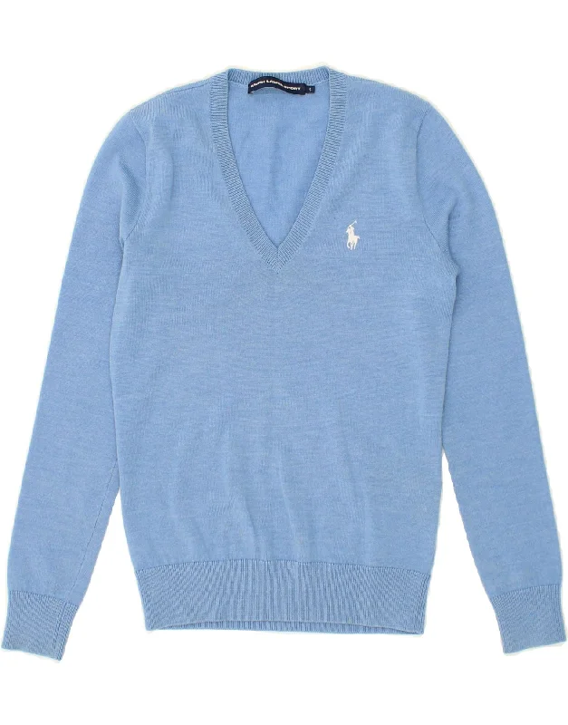 RALPH LAUREN Womens V-Neck Jumper Sweater UK 10 Small Blue Merino Wool Mesh Fabric Canvas Fabric Denim Fabric RALPH LAUREN Womens V-Neck Jumper Sweater UK 10 Small Blue Merino Wool Mesh Fabric Canvas Fabric Denim Fabric