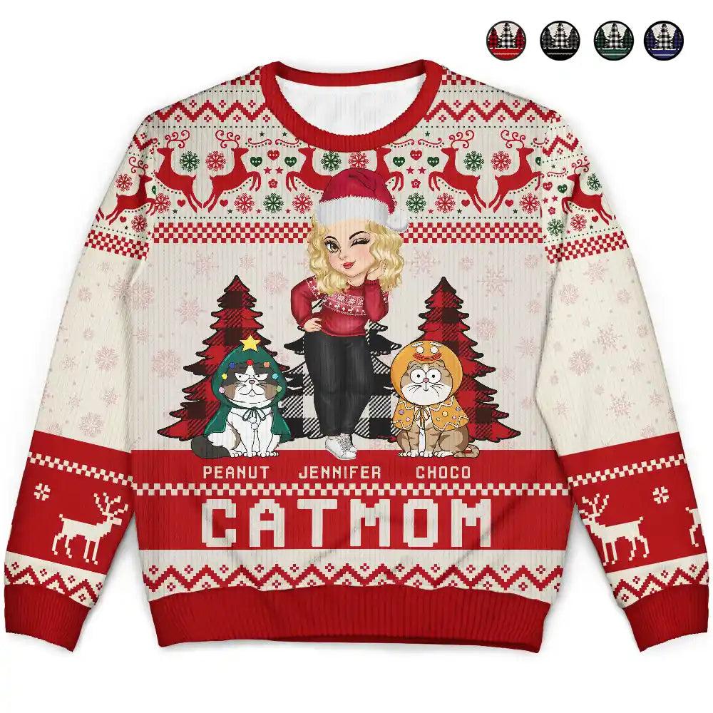 Christmas Cat Mom Funny Cartoon Cats - Personalized Unisex Ugly Sweater Fitted Slim Tailored