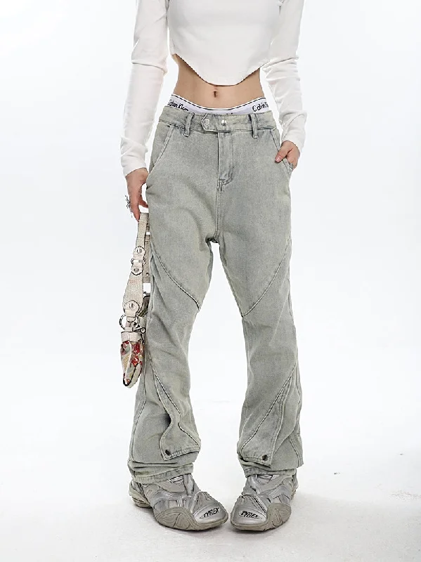 Desirae Solid Color Denim Jeans Patchwork Pants Stylish Paperbag Waist Denim