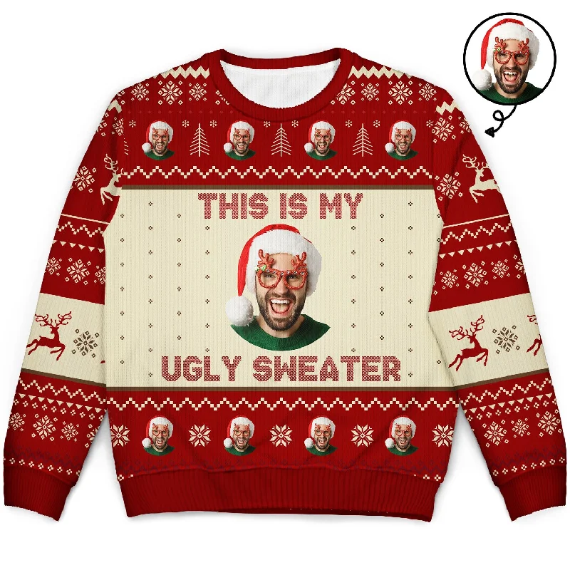 Custom Photo This Is My Ugly Sweater - Christmas, Gift For Yourself - Personalized Unisex Ugly Sweater Ribbed Striped Patterned