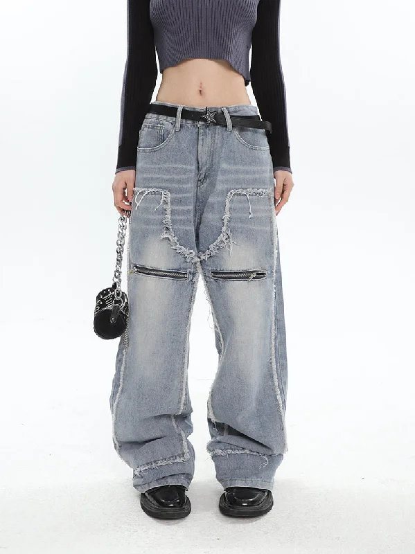 Alana Washed Faded Blue Denim Patchwork Multi-Zipper High Waist Straight Leg Jeans Pants Trendy Vintage Denim Jeans Alana Washed Faded Blue Denim Patchwork Multi-Zipper High Waist Straight Leg Jeans Pants Trendy Vintage Denim Jeans