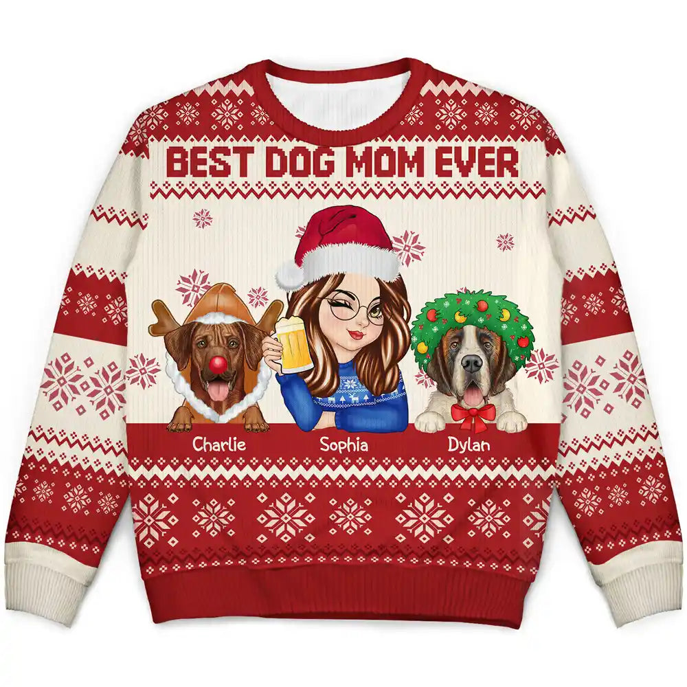 Best Dog Mom Ever Christmas - Personalized Unisex Ugly Sweater Terry Terry Cloth Terry Knit