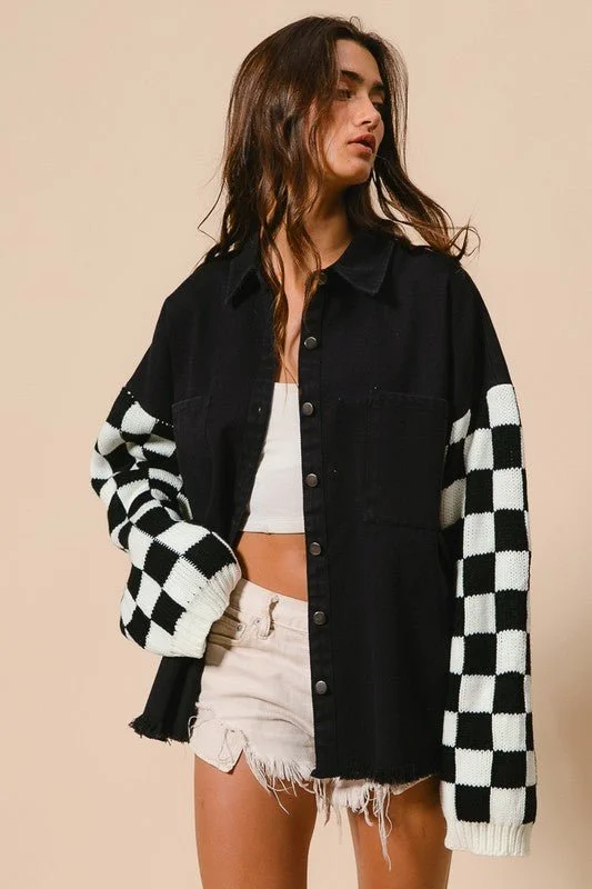 Checkered Sweater Contrast Shacket Soft Cozy Warm