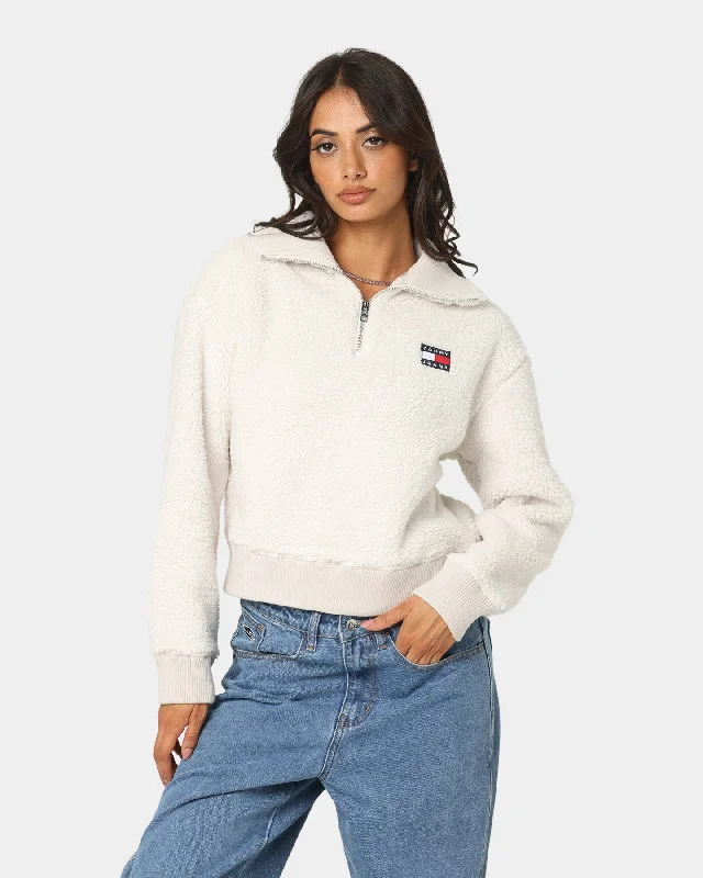 Tommy Jeans Women's Plush Badge Quarter Zip Sweater Stony Beige Solid Print Embellished