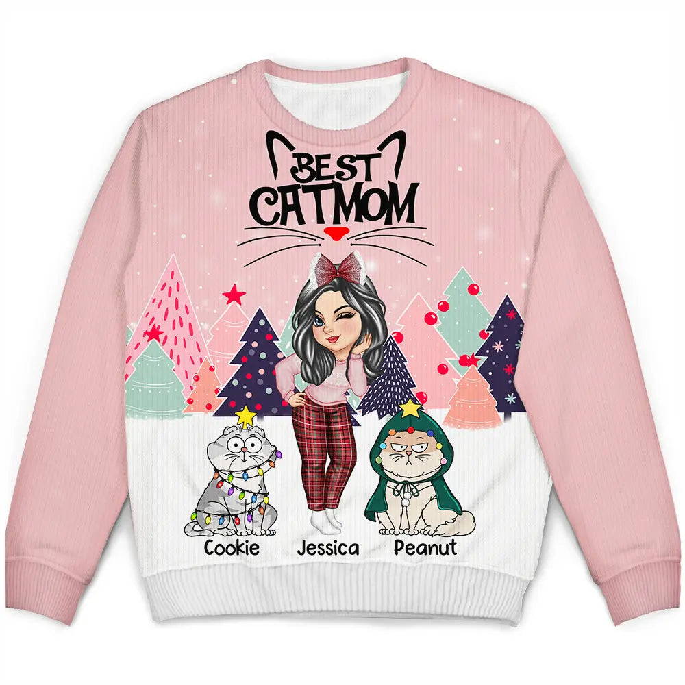 Christmas Best Cat Mom Funny Cartoon Cats - Personalized Unisex Ugly Sweater Layered Multi-layer Single Layer