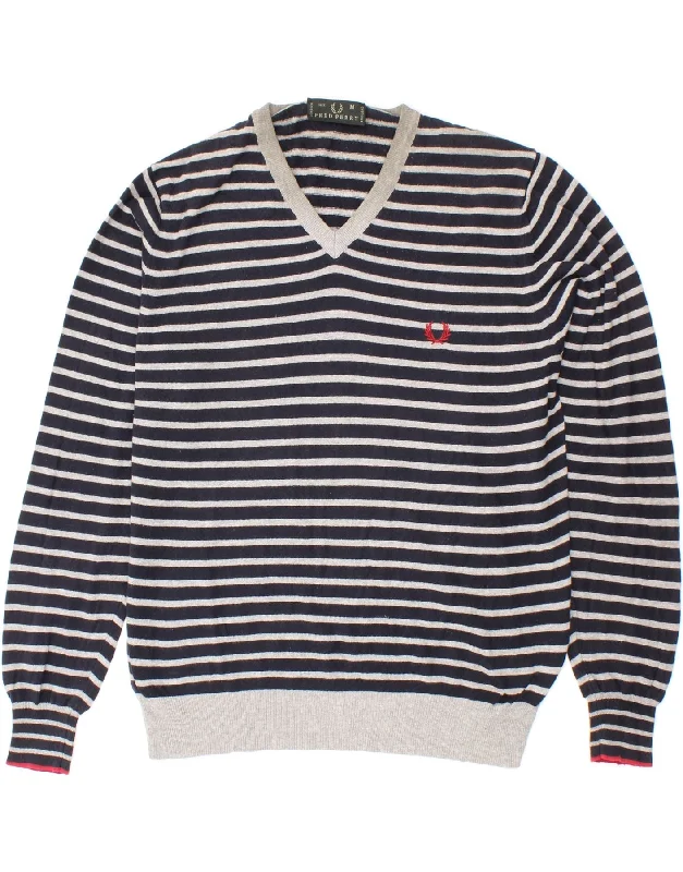 FRED PERRY Womens V-Neck Jumper Sweater UK 14 Medium Navy Blue Striped Terry Terry Cloth Terry Knit