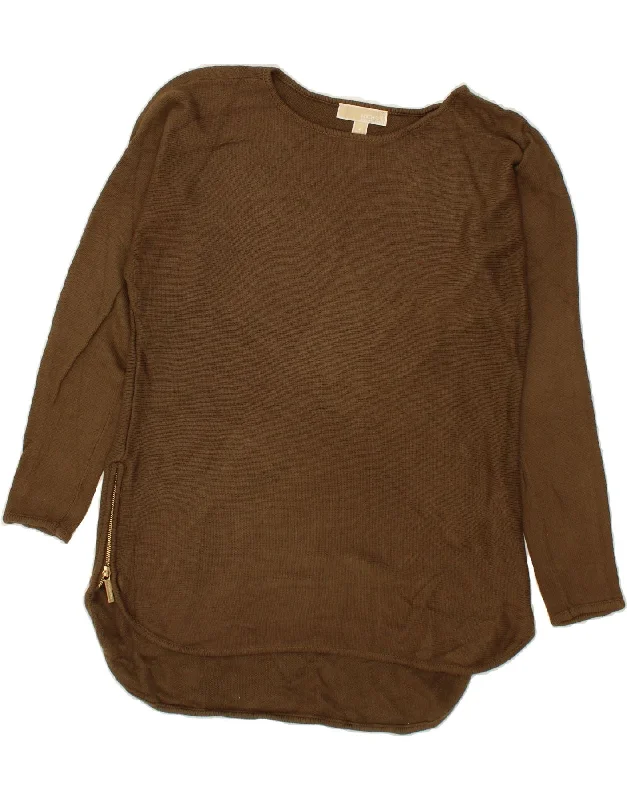MICHAEL KORS Womens Longline Boat Neck Jumper Sweater UK 14 Medium Brown Houndstooth Herringbone Solid MICHAEL KORS Womens Longline Boat Neck Jumper Sweater UK 14 Medium Brown Houndstooth Herringbone Solid