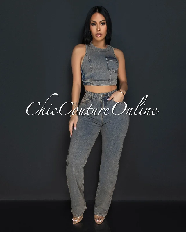 Rina Beige Denim Open Back Top & Wide Jeans Set Fashionable Slouchy Fit Jeans