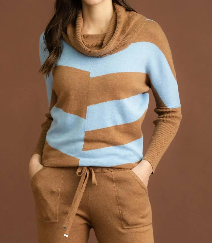 Cowl Neck Jumper In Blue/carmel Anti-Pilling Anti-Shrink Durable
