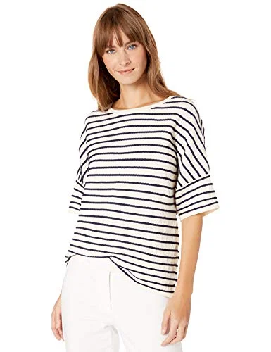 Anne Klein Women's Short Sleeve Striped Sweater TOP, Anne White/Eclipse, L Machine Wash Dry Clean Hand Wash