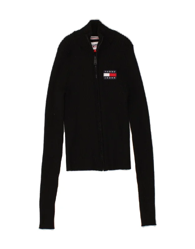 TOMMY HILFIGER Womens Crop Cardigan Sweater UK 8 Small Black Polyester Ribbed Striped Patterned