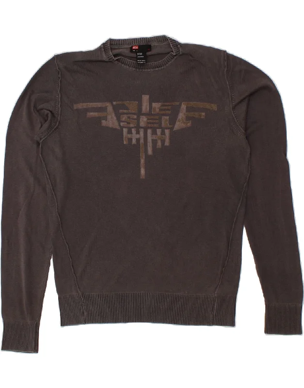 DIESEL Mens Graphic Crew Neck Jumper Sweater Large Grey Cotton Print Jacquard Patchwork