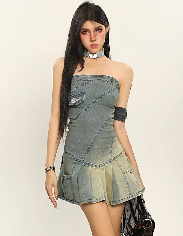 Jaden Washed Denim Blue Sleeveless Patchwork Design Pleated Slim Short Mini Jeans Dress Stylish Shredded Denim Jeans Jaden Washed Denim Blue Sleeveless Patchwork Design Pleated Slim Short Mini Jeans Dress Stylish Shredded Denim Jeans