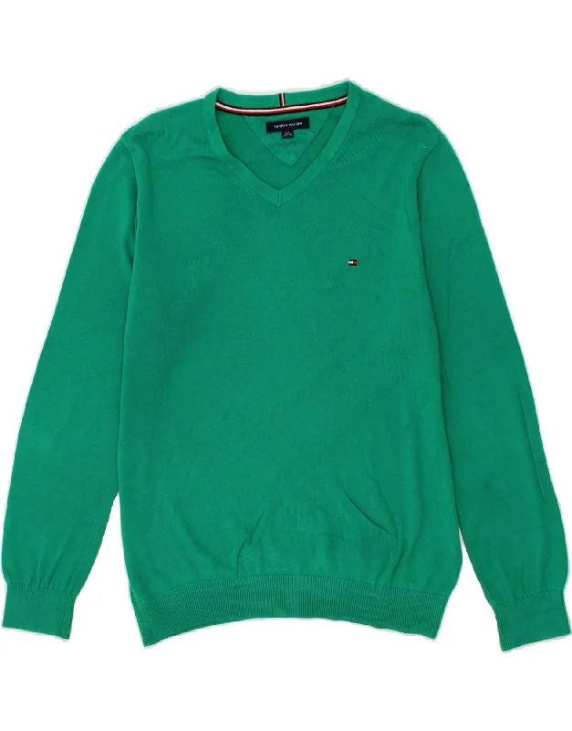 TOMMY HILFIGER Womens V-Neck Jumper Sweater UK 16 Large Green Cotton Casual Formal Business