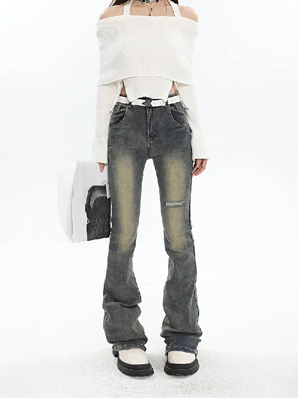 Dayami Washed Faded High Waist Flare Denim Jeans Pants Stylish Bootcut Denim Jeans