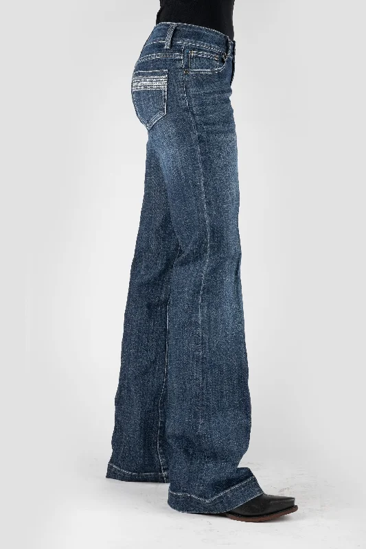 WOMENS CREAM DECO EMBROIDERY BACK POCKET JEANS Elegant Dark-Wash Bootcut Jeans