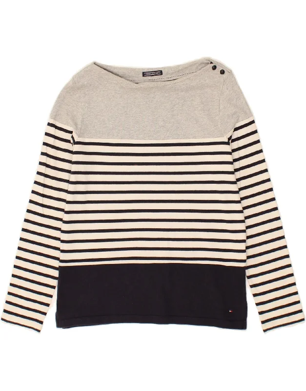 TOMMY HILFIGER Womens Boat Neck Jumper Sweater UK 16 Large Grey Striped Hooded Caped Shawl Collar TOMMY HILFIGER Womens Boat Neck Jumper Sweater UK 16 Large Grey Striped Hooded Caped Shawl Collar