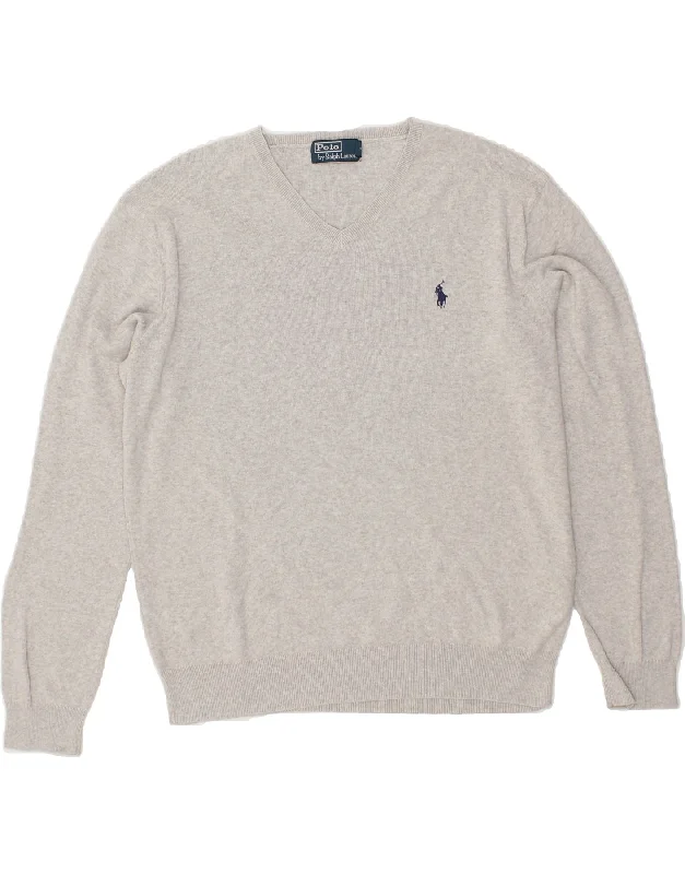 POLO RALPH LAUREN Mens V-Neck Jumper Sweater Medium Grey Cotton Fleece Fabric Down Fabric Feather Fabric POLO RALPH LAUREN Mens V-Neck Jumper Sweater Medium Grey Cotton Fleece Fabric Down Fabric Feather Fabric