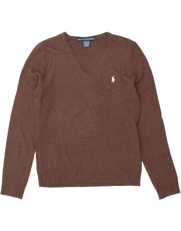 RALPH LAUREN Womens V-Neck Jumper Sweater UK 14 Large Brown Merino Wool Neon Metallic Matte