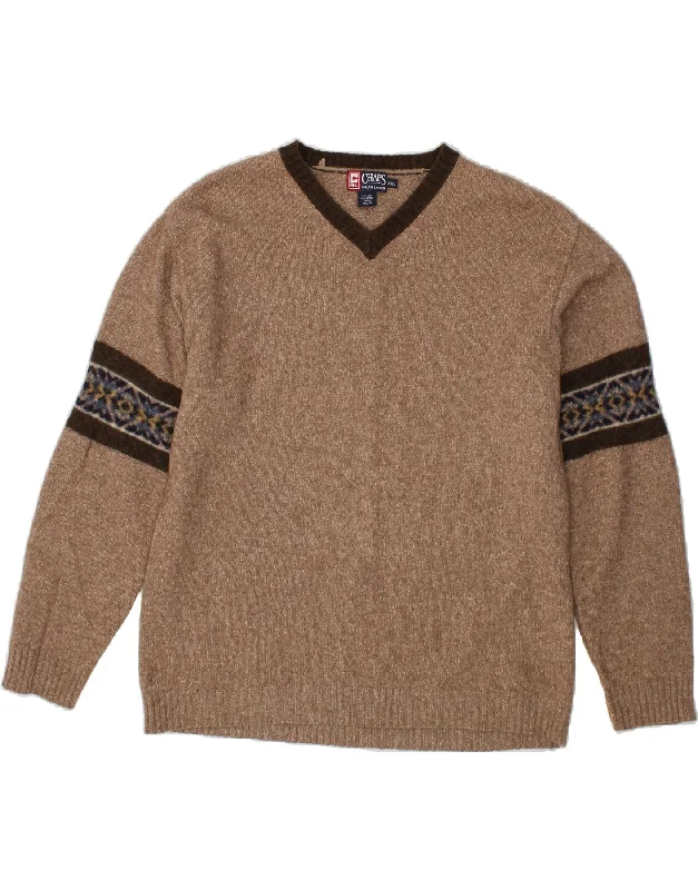CHAPS RALPH LAUREN Mens V-Neck Jumper Sweater 2XL Brown Fair Isle Wool Slim Fit Regular Fit Oversized CHAPS RALPH LAUREN Mens V-Neck Jumper Sweater 2XL Brown Fair Isle Wool Slim Fit Regular Fit Oversized
