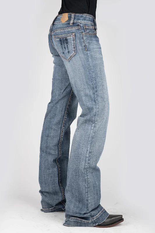 WOMENS BLUE EMBROIDERY BACK POCKET JEANS Comfortable Distressed Straight-Leg Jeans