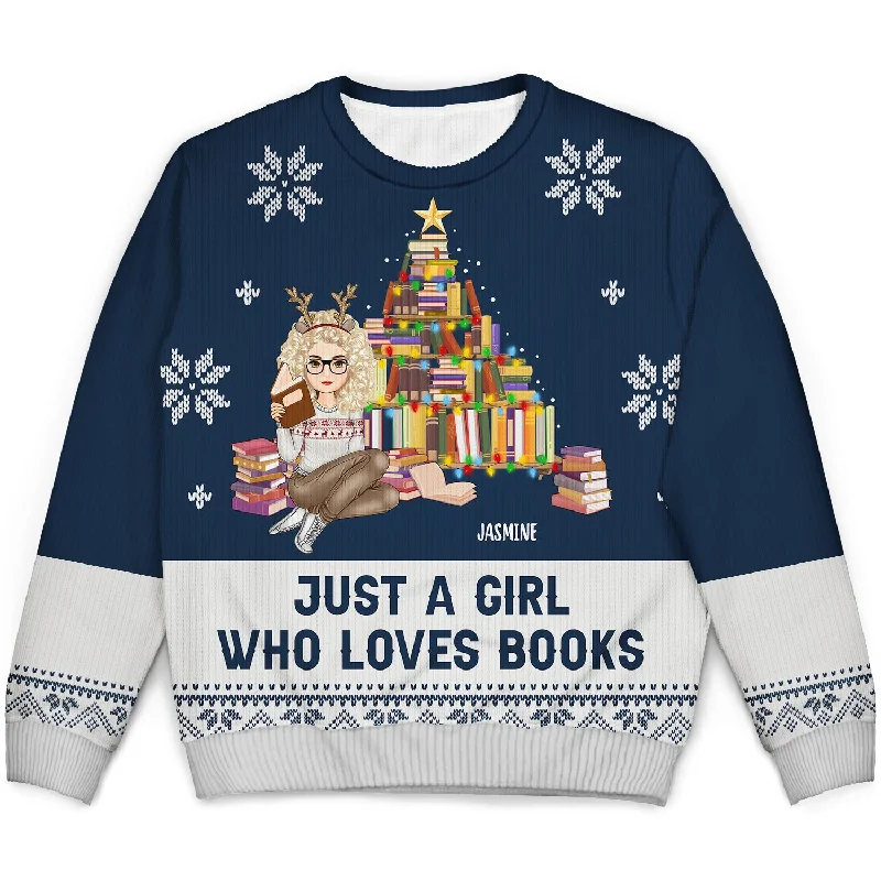 Christmas Just A Girl Who Loves Books - Gift For Book Lovers - Personalized Unisex Ugly Sweater Polka Dot Checkered Tartan