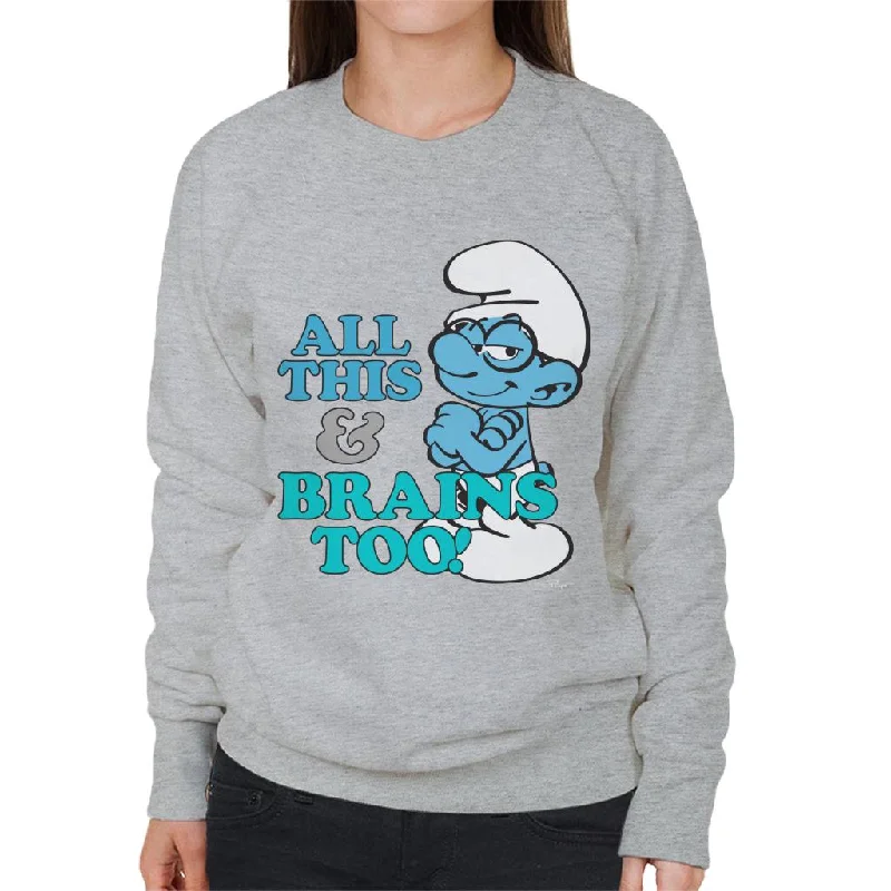 The Smurfs All This And Brains Too Women's Sweatshirt Hoodie with Stripes Bold Sporty